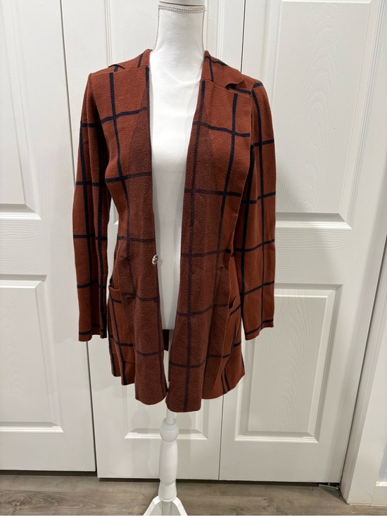 Marled Sweaters - Marled Rust and Black Windowpane Open-Front Cardigan